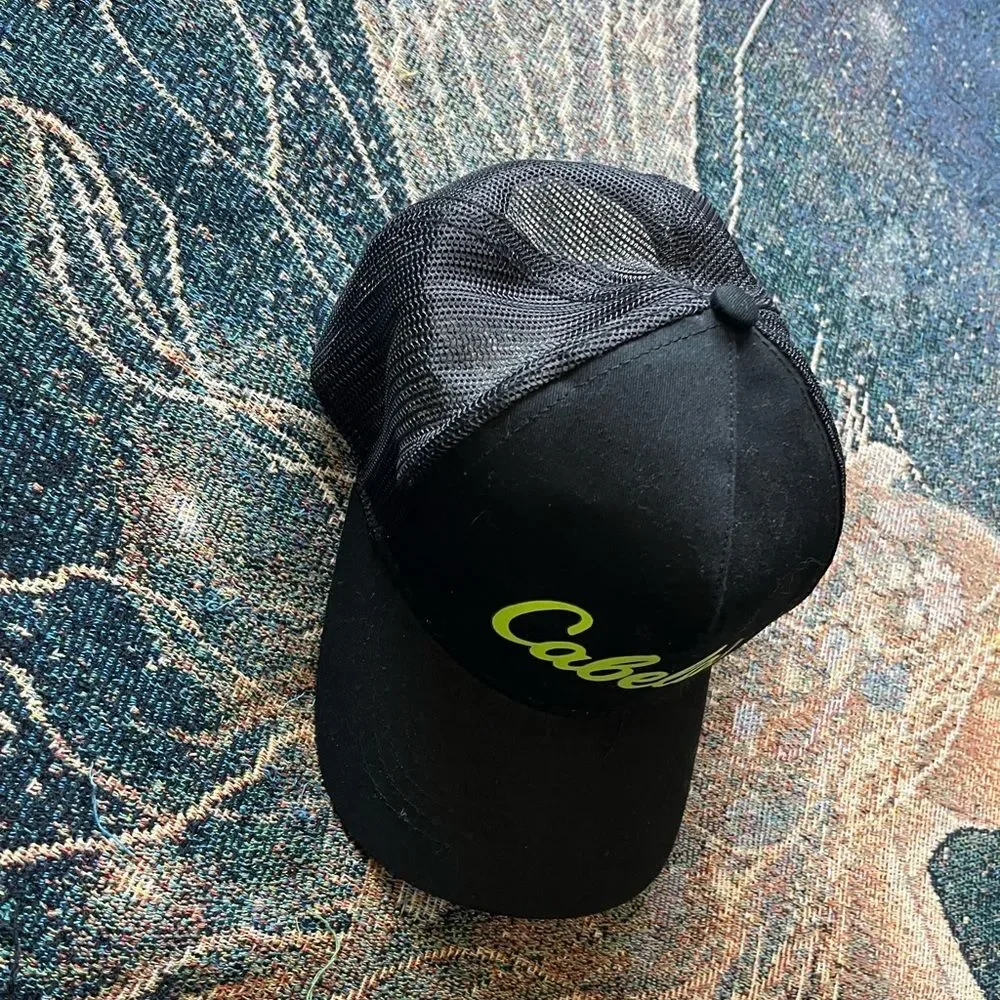 Cabela's Black Fishing Hat with Bright Green Logo SnapBack Hunting Adjustable
